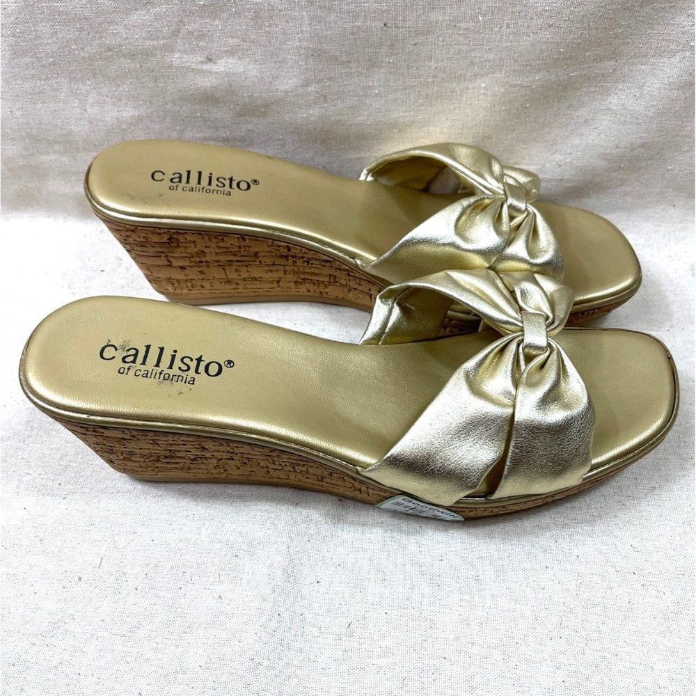 60s Vintage Callisto of California Metallic Gold Cork Sole Wedge Slides Size 42